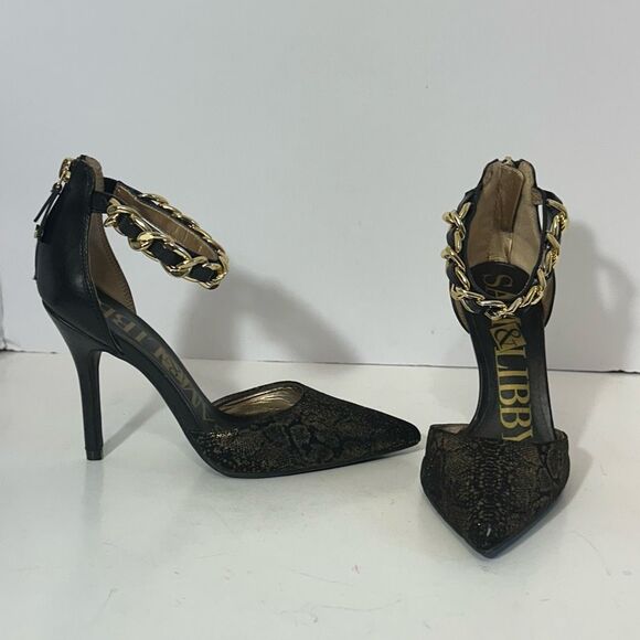 Sam & Libby Black Pointed-Toe Heels w/ Gold Chain Ankle Strap/Snakeskin embossed - Picture 1 of 16